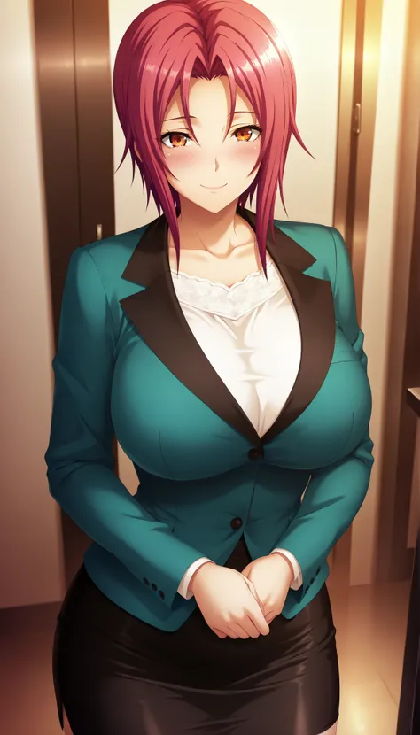 masterpiece, best quality, good quality, 1 girl, Sawatari Miyako, crimson pink hair, short hair, amber eyes, large medium breast, beautiful breast, perfect ratio, slim, game cg style, blush, horny, slutty, smile, teal blazer over a white blouse, black penc...
