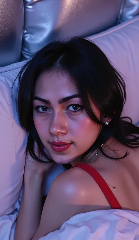 (Masterpiece in maximum 16K resolution:1.6), (intricate detail:1.4), (extremely insane detail:1.4),(highest quality:1.3) | A young woman with long, flowing black hair and a gentle smile poses against a beige tiled bathroom wall. She is wearing a fitted pi...