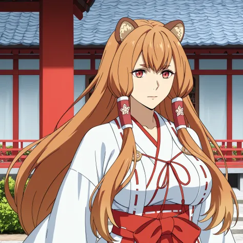 Natalia, Tate no Yuusha no Nariagari, raccoon girl, raccoon ears, Cola de Mullida, Red Eyes, long orange hair ,, capillary tubes, fair skin slim figure and big breasts, Wear a Japanese Miko costume in white and red on the background of a Japanese garden.