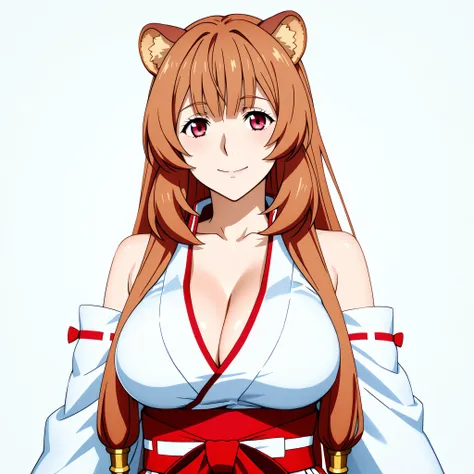raphtalia, Tate no Yuusha no Nariagari, With orange hair and red eyes and rounded animal ears, , fair skin slim figure and big breasts, wears a Japanese miko costume in white and red on the background of a Japanese garden.. happy smile.