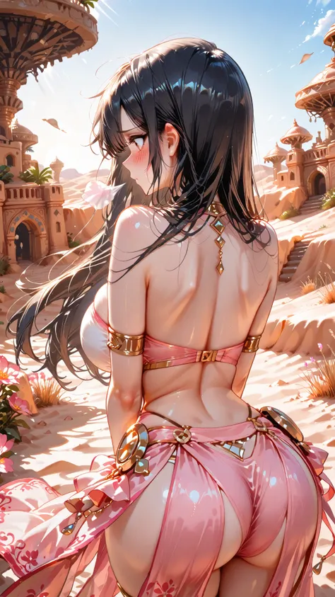 (masterpiece:1.3, 8k:1.3, Highest Quality:1.3, detail:1.3, high resolution:1.3, digital painting, ultra detail that will make you look down), Cute Desert Dancer Girl, Pink Floral Dancer Costume, Soft Veil Drifts, Desert Petals Blowing in the Wind, warm sun...