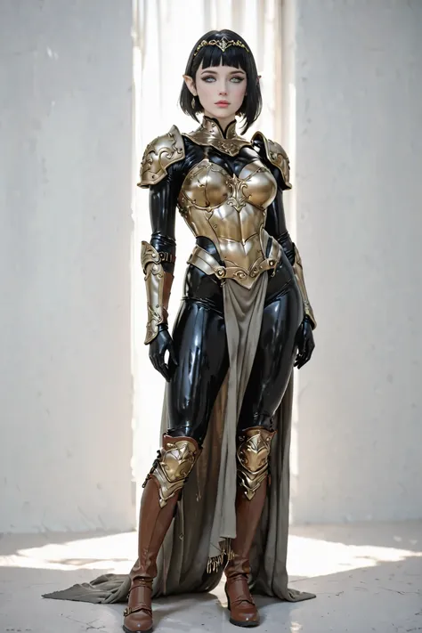 masterpiece, ultra highres, best quality 1 girl, elf, mature female, curvy figure, venus body type, thick thighs, wide hips, large breasts, toned calves, perfect feminine proportions, deep clivage, pale skin, black short bob hair with asymmetrical blunt ba...