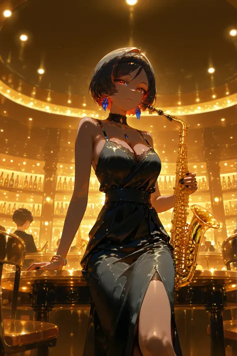 (SH_S4X,) A beautiful African woman in a black evening dress plays jazz on a saxophone. (In the background is the interior of an authentic jazz club where the audience sits at tables in front of a small stage.)