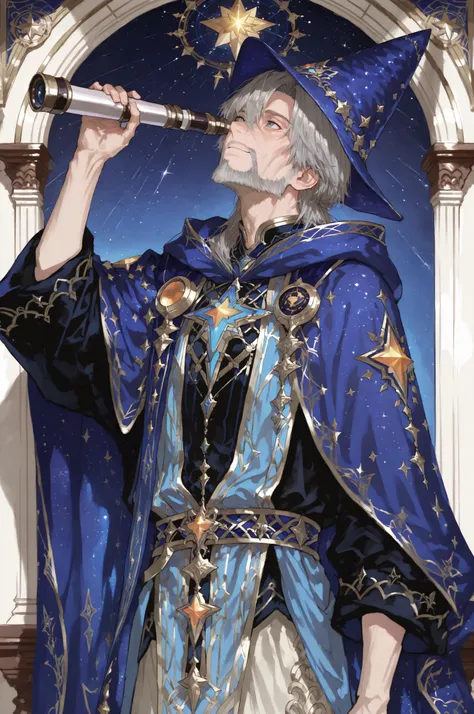 (male fantasy clothes, fantasy fashion, intricate fashion, cool, stylish, fantasy style man, cool fantasy style man, stylish man, handsome man,hand_telescope, holding_telescope , looking up, head up, telescope on eyes, looking away,) Old male character, mi...