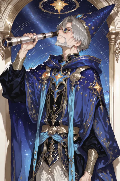 (male fantasy clothes, fantasy fashion, intricate fashion, cool, stylish, fantasy style man, cool fantasy style man, stylish man, handsome man,hand_telescope, holding_telescope , looking up, head up, telescope on eyes, looking away,) Old male character, mi...