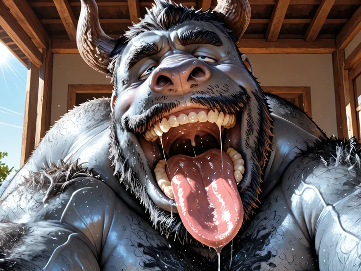 hairy, Gorilla pig, has horns，chubby,  thick arms ， strong muscles ，chubby face， Black eyebrows，sky blue eyes，beard， ironic smile ,   chest and belly  ,  ，lie down， Sunlight ,    opens its big mouth and sticks out its thick and wide tongue,  tongue with a ...