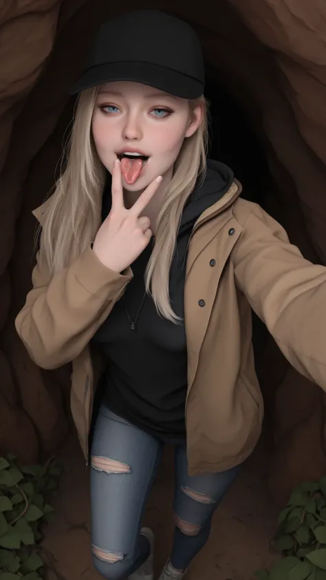masterpiece, best quality, amazing quality, very aesthetic, absurdres, newest,   r0silf, 3d, 1girl, long hair, blonde hair, blue eyes, spiky hair, small breasts, baseball cap, jacket, hood down, jeans, ripped jeans, sneakers, adult girl, sexy pose, seducti...