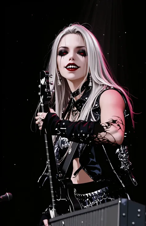 woman with guitar and microphone on stage, a new wave of British heavy metal, inspired by Louise Matthiasdottir, glam metal hair, lindsey adler , performance on stage, evil wasteland princess , black metal aesthetic , She wears a leather jacket , black ...