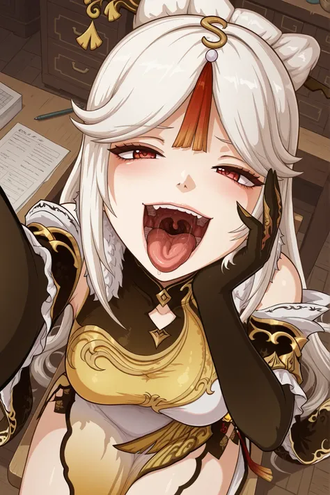 ningguang, ningguang (genshin impact), grey hair, hair ornament, hairpin, long hair, parted bangs, red eyes, sidelocks, streaked hair, red hair, mature female, breasts, bare shoulders, black gloves, chinese clothes, claw ring, detached sleeves, dress, elbo...