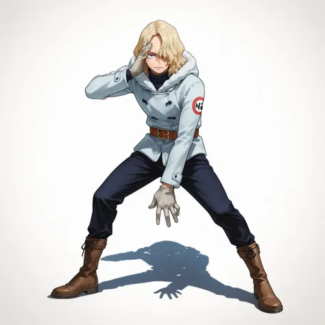 (male), (adult man), (slim body), (light blonde hair), (medium length hair covering one eye), (visible eye light blue), (calm expression), (fair skin), (no smoking), (solo), (single character), (full body version), (white background), (no background), (hig...