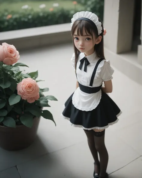 one girl、maids,Look at the audience,(skinny:1.46),(younger:1.32),from above,lean forward,(big boobs:-0.19),is watering flowers outside the mansion,japanese,(Smile Yang:0.24),black lace stockings