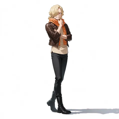 (male), (adult man), (slim body), (light blonde hair), (medium length hair covering one eye), (red eyes), (happy expression), (solo), (single character), (full body version), (white background), (no background), (highly detailed), (shadow), (standing pose)...