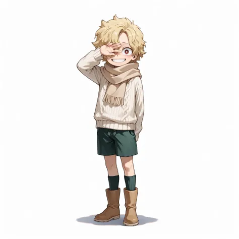 (male), (child boy), (slim body), (light blonde hair), (short messy hair covering one eye), (red eyes), (solo), (happy face, cheerful face), (single character), (full body version), (white background), (no background), (highly detailed), (shadow), (standin...