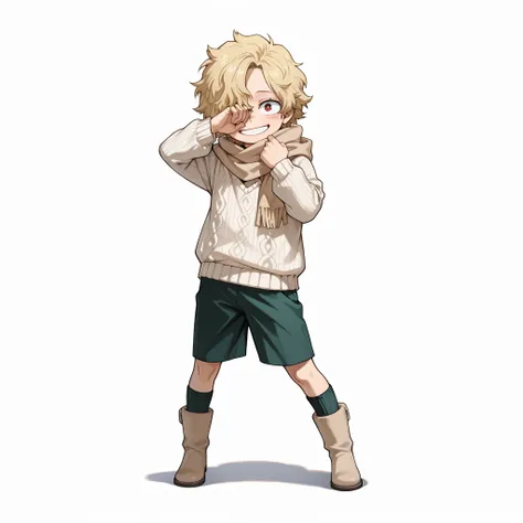 (male), (child boy), (slim body), (light blonde hair), (short messy hair covering one eye), (red eyes), (solo), (happy face, cheerful face), (single character), (full body version), (white background), (no background), (highly detailed), (shadow), (standin...