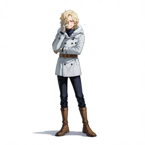 (male), (man), (slim body), (light blonde hair), (medium length hair covering one eye), (red eyes), (happy face), (solo), (single character), (full body version), (white background), (no background), (highly detailed), (shadow), (standing pose), (natural l...