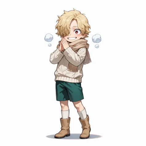 (male), (child boy), (slim body), (light blonde hair), ( hair covering one eye), (red eyes), (solo), (happy face, cheerful face), (single character), (full body version), (white background), (no background), (highly detailed), (shadow), (standing pose), (n...