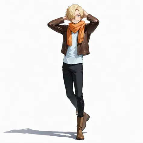 (male), (man), (slim body), (light blonde hair), ( hair covering one eye), (red eyes), (happy expression), (solo), (single character), (full body version), (white background), (no background), (highly detailed), (shadow), (standing pose), (natural light), ...