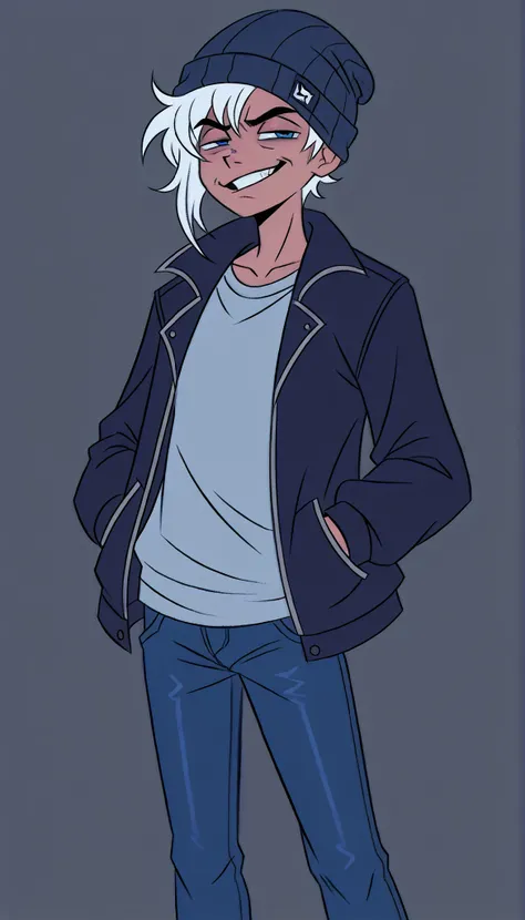 1boy, male focus, 5'11 ft tall, solo, adult, human male, handsome, short white hair, blue eyes, jacket, beanie, asymmetrical hair fade, jeans, (angrily bored, unimpressed, sarcastic grin), vivziepop, boondocks style