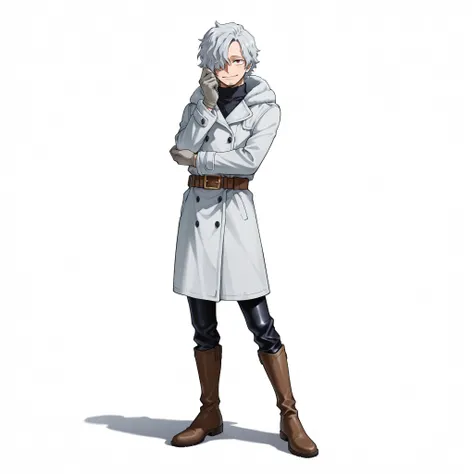 (male), (man, goatee), (slim body), (light grey hair), (hair covering one eye), (red eyes), (happy face), (solo), (single character), (full body version), (white background), (no background), (highly detailed), (shadow), (standing pose), (natural light), (...