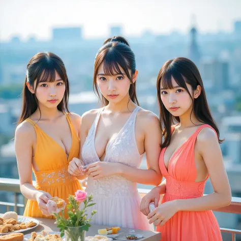 (Highest Quality, greatest masterpiece), Ultra High Definition, super realistic full body shot portrait photo, (Photograph of a realistic rooftop party with 3 beautiful Japanese top idol women:1.10), 3 beautiful women wearing party dresses on the rooftop, ...