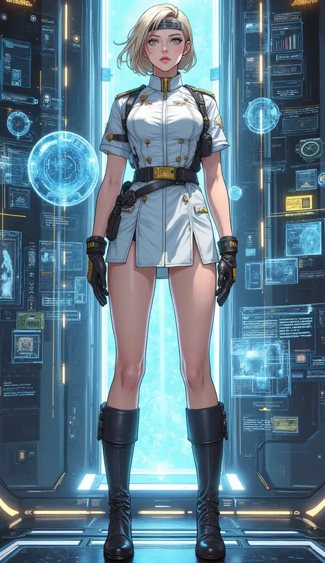 masterpiece, best quality, exquisite mature anime illustration, cinematic lighting, futuristic sci-fi atmosphere. A beautiful woman with short, light-gold hair, a metal headband on her forehead, a perfect oval face, flawless and delicate facial features, f...