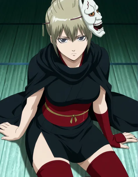 gintama ,Asaemon, 1girl,  looking at viewer, sidelight, mature female, ((very light brown hair)), gray eyes, looking at viewer, mask on head, thighhight, cowboy shot, Japanese clothes, short kimono, black kimono, cape, red thighhighs, red glove ,tsurime, l...