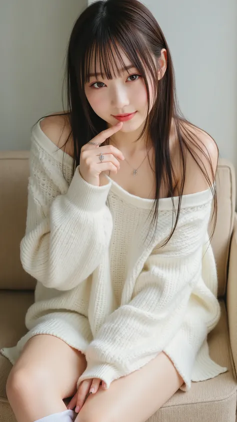 This is a high-resolution photograph of a young woman sitting on a beige sofa in a minimalist, well-lit room. She has a fair complexion, long, straight dark brown hair with bangs, and a slender physique. She is wearing an oversized, off-the-shoulder white ...