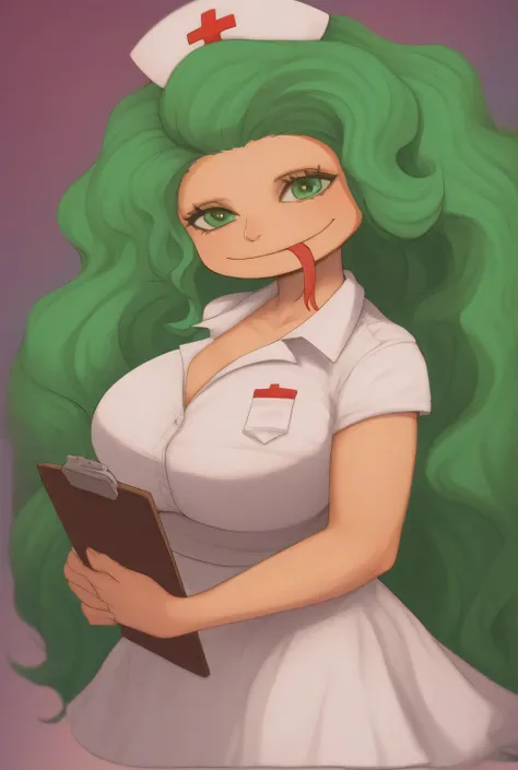 skirt,shirt,school uniform,score_9 , score_8_up , score_7_up , masterpiece , best quality , highly detailed, BoaSandersoniaOP, 1girl, solo, tall woman, disproportionately large head, wide head, green hair, long hair, wavy hair, green eyes, wide mouth, long...