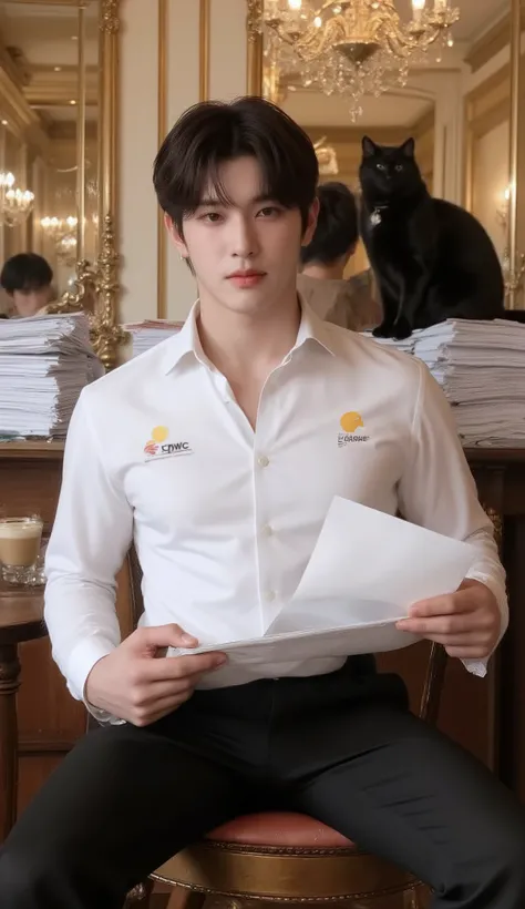 A portrait image, lower angle, shows a young Korean male student sitting in a luxurious, French-style cafe in Paris.

He is handsome and muscular. He has a fluffy K-pop hairstyle with fringes, phwamen. He wears a tight long-sleeve white shirt with a collar...