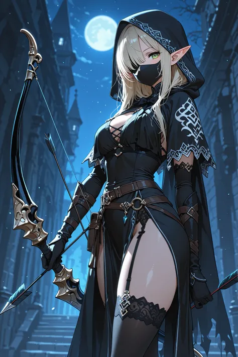 ((Highest Quality)), ((Masterpiece)), ( details), animation、Highest Quality、details、((person holding a bow and arrow))、night、black mask, black mask, elf, hood
