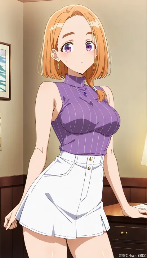Banri Shiunji,Medium hair,room,Purple sleeveless,White mini skirt,(((Medium Breasts))),orange hair,Ulchan -6500-v1.1, (RAW pictures:1.2), BEAUTIFUL DETAILS, Very Detailed,Beautiful Eyes,beautiful eyes,purple eyes,file size is large, high resolution, Very D...