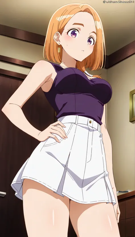 Banri Shiunji,Medium hair,room,Purple sleeveless,White mini skirt,(((Medium Breasts))),orange hair,low angle,Ulchan -6500-v1.1, (RAW pictures:1.2), BEAUTIFUL DETAILS, Very Detailed,Beautiful Eyes,beautiful eyes,purple eyes,file size is large, high resoluti...