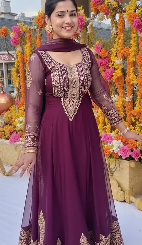 An Indian woman adorned in a rich, deep purple and gold salwar kameez, with intricate threadwork and a luxurious fabric that glistens in the light. She’s standing at a wedding venue with colorful flowers and traditional decorations around her. The atmosphe...