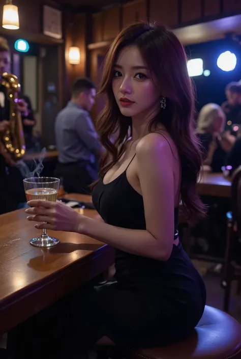 A captivating Busty woman in her 30s with wavy auburn hair and red lipstick sits at a jazz bar counter, cocktail in hand, 3/4 view from right side. Her elegant black dress catches colorful RGB lighting from overhead fixtures, creating purple and blue highl...