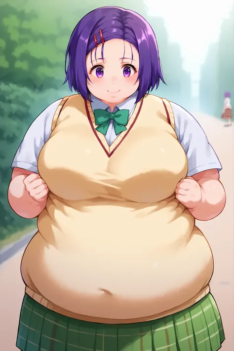 portrait, sharp focus, soft lighting,, , illustration, depth of field, (bloom:0.4), 1girl, harunasairenji, haruna sairenji, hair ornament, hairclip, purple eyes, purple hair, short hair, swept bangs, forehead, green skirt, plaid, plaid skirt, sainan high s...