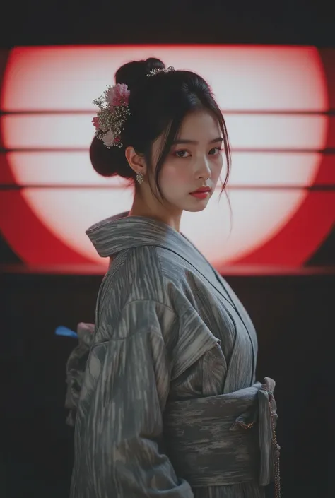 portraits have、against a bold red circular background with 3 black horizontal lines crossing a circle、— 4K ultra-high definition depiction. the woman wears a gray and white striped kimono, including traditional Japanese hair ornaments. The subject is frame...