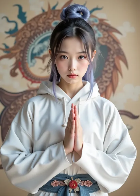 Casual Hoodie, high resolution, high resolution, 24K Video Quality. beautiful, Aqua Blue Eyes, depicting a 16 year old Japanese woman in a karate pose. Put your palms together in front of your chest、Joining hands in prayer、kung fu style、She wears a pearl w...