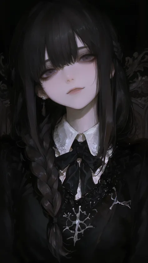 masterpiece, best quality, amazing quality, very aesthetic, newest, 1girl, 748cmstyle, gothic style、Wednesday(The Addams Family)、moody expression、look with disdain、braid hair, dark atmosphere、Artistic background、
