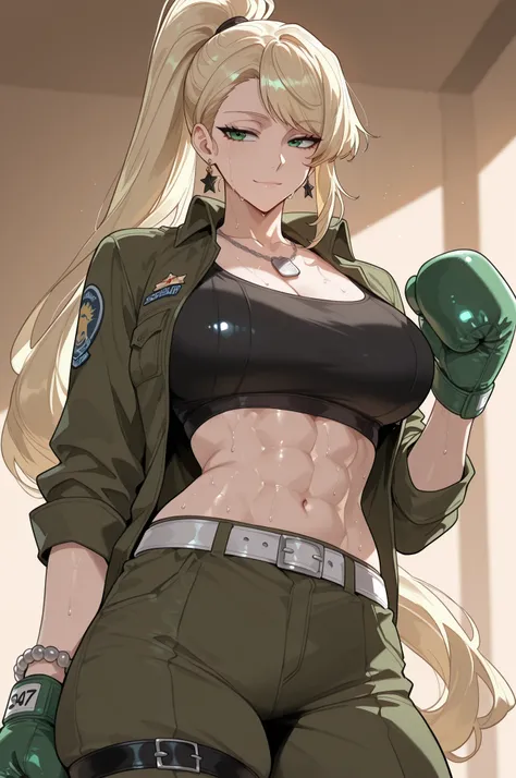 lazypos,
Tes, 1 girl ,solo, blonde hair, long hair, high ponytail, side swept bangs, green eyes, muscular, abs, earrings,
, military uniform, black crop top, green cargo pants, white belt, thigh straps, boxing gloves, dog tag necklace, military badge, bl...