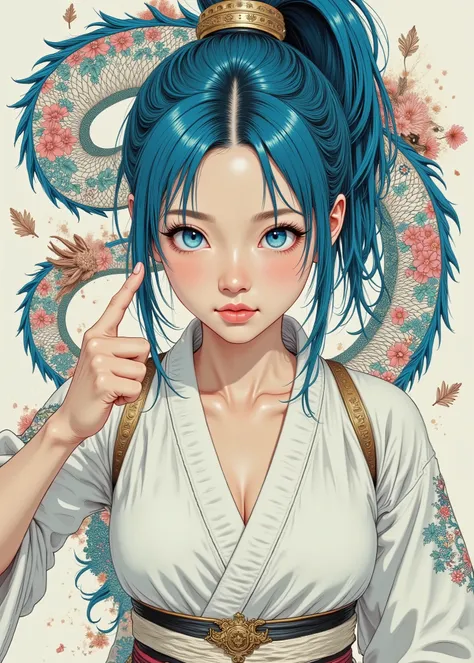 Casual Hoodie, high resolution, high resolution, 24K Video Quality. beautiful, Aqua Blue Eyes, depicting a 16 year old Japanese woman in a karate pose. The、kung fu style、She wears a pearl white latex battle suit,  latex suit in karate pose is decorated wit...