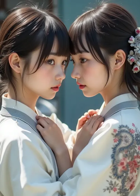 ultra high definition, high resolution, high resolution, 24K Video Quality. beautiful, Big brown eyes, depicts 2 18-year-old Japanese women holding each other's collars. The two of them faced each other.、The two、judo、She wears a pearl white latex battle su...