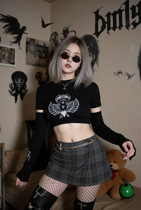 A portrait of a young Korean woman in a modern punk-gothic style poses casually yet confidently. She has a slender body, beautifully curvy, revealing her navel, broad shoulders, ample thighs, ample buttocks, fair skin, an oval face, a high nose, and a calm...
