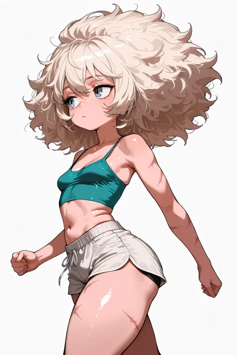 ((Running pose)), (fluffy big hair), messy hair, mole on face, burn on belly, scars inner thigh, freckles, white background, small breasts, simple background, low angle,, bare shoulders, cleavage, shiny skin,, 1 girl, ((wearing shorts)), thick thighs, sagg...
