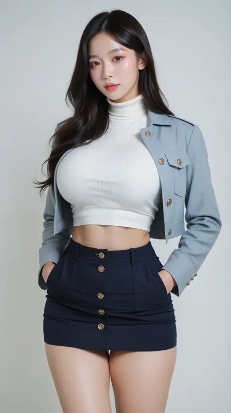 ((Realistic)), (Huge Breasts:1), (Wide Hips), (Wavy black hair), Dark Brown Eyes, ((Double Eyelids)), (Long Eyelashes), (((Korean Girl))), (((White Skin))), Beautiful Makeup, (Eyeshadow), Thick Thighs, Very Elaborate Eyes, Natural Light, (Masterpiece, Top ...