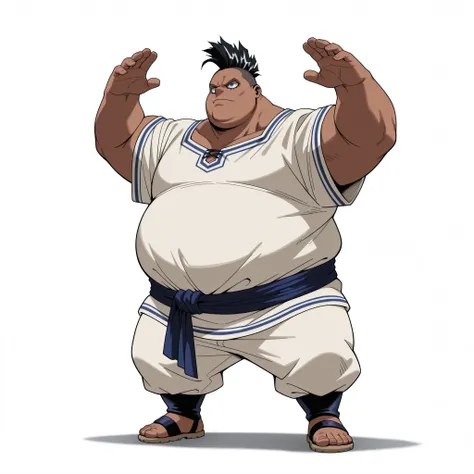 (male), (child boy), (large arm), (very fat body), (mohawk hairstyle, black hair, dark skin), (blue eyes), (giant body), (giant character), (solo), (single character), (full body version), (white background), (no background), (highly detailed), (shadow), (...