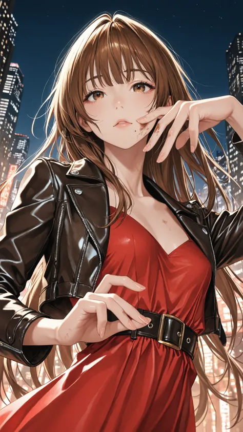 group golden ratio, Proper Configuration,beautiful illustrations seen from the forest, (masterpiece, details:1.2), Maoricus,score_9, score_8_up, score_7_up, score_6_up, score_5_up, 1girl, small breasts, Dirty Anime Style, Leather Jacket, A beautiful Japane...