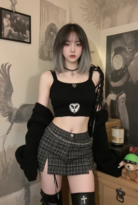 A portrait of a young Korean woman in a modern punk-gothic style poses casually yet confidently. She has a slender body, beautifully curvy, revealing her navel, broad shoulders, ample thighs, ample buttocks, fair skin, an oval face, a high nose, and a calm...