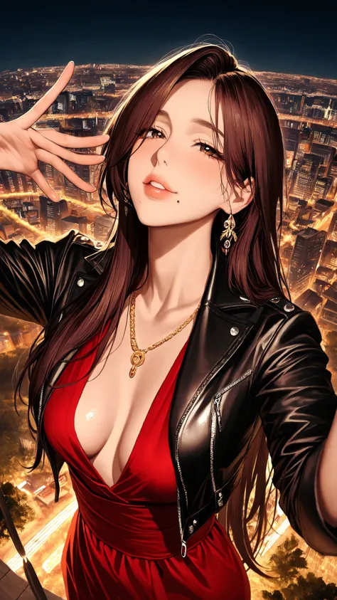 group golden ratio, Proper Configuration,beautiful illustrations seen from the forest, (masterpiece, details:1.2), Maoricus,score_9, score_8_up, score_7_up, score_6_up, score_5_up, 1girl, small breasts, Dirty Anime Style, Leather Jacket, A beautiful Japane...