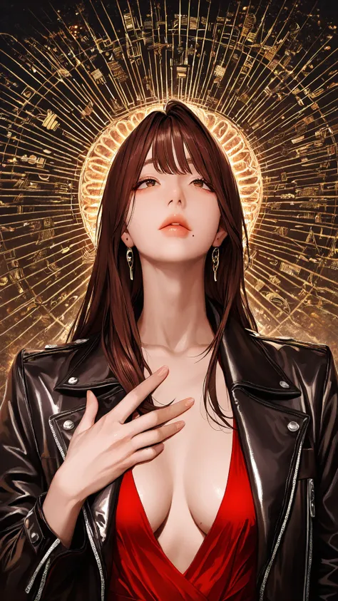 group golden ratio, Proper Configuration,beautiful illustrations seen from the forest, (masterpiece, details:1.2), Maoricus,score_9, score_8_up, score_7_up, score_6_up, score_5_up, 1girl, small breasts, Dirty Anime Style, Leather Jacket, A beautiful Japane...