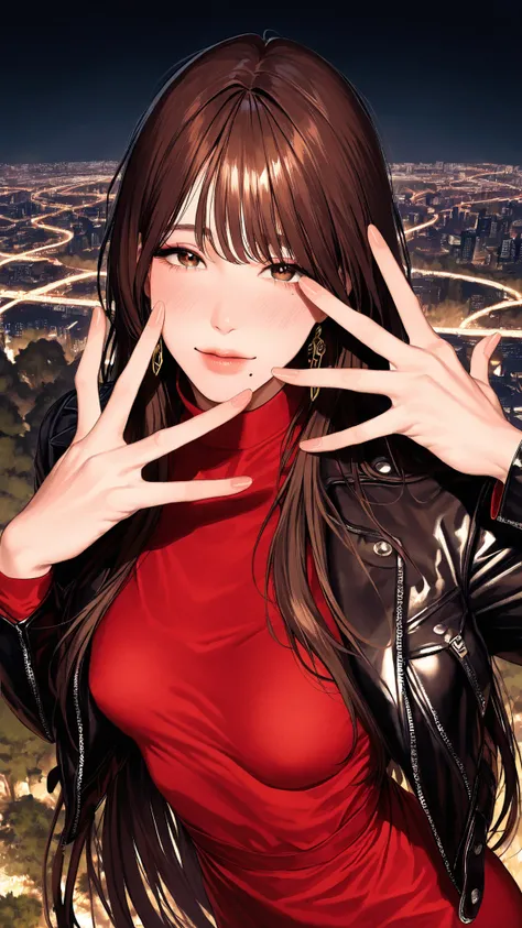 group golden ratio, Proper Configuration,beautiful illustrations seen from the forest, (masterpiece, details:1.2), Maoricus,score_9, score_8_up, score_7_up, score_6_up, score_5_up, 1girl, small breasts, Dirty Anime Style, Leather Jacket, A beautiful Japane...